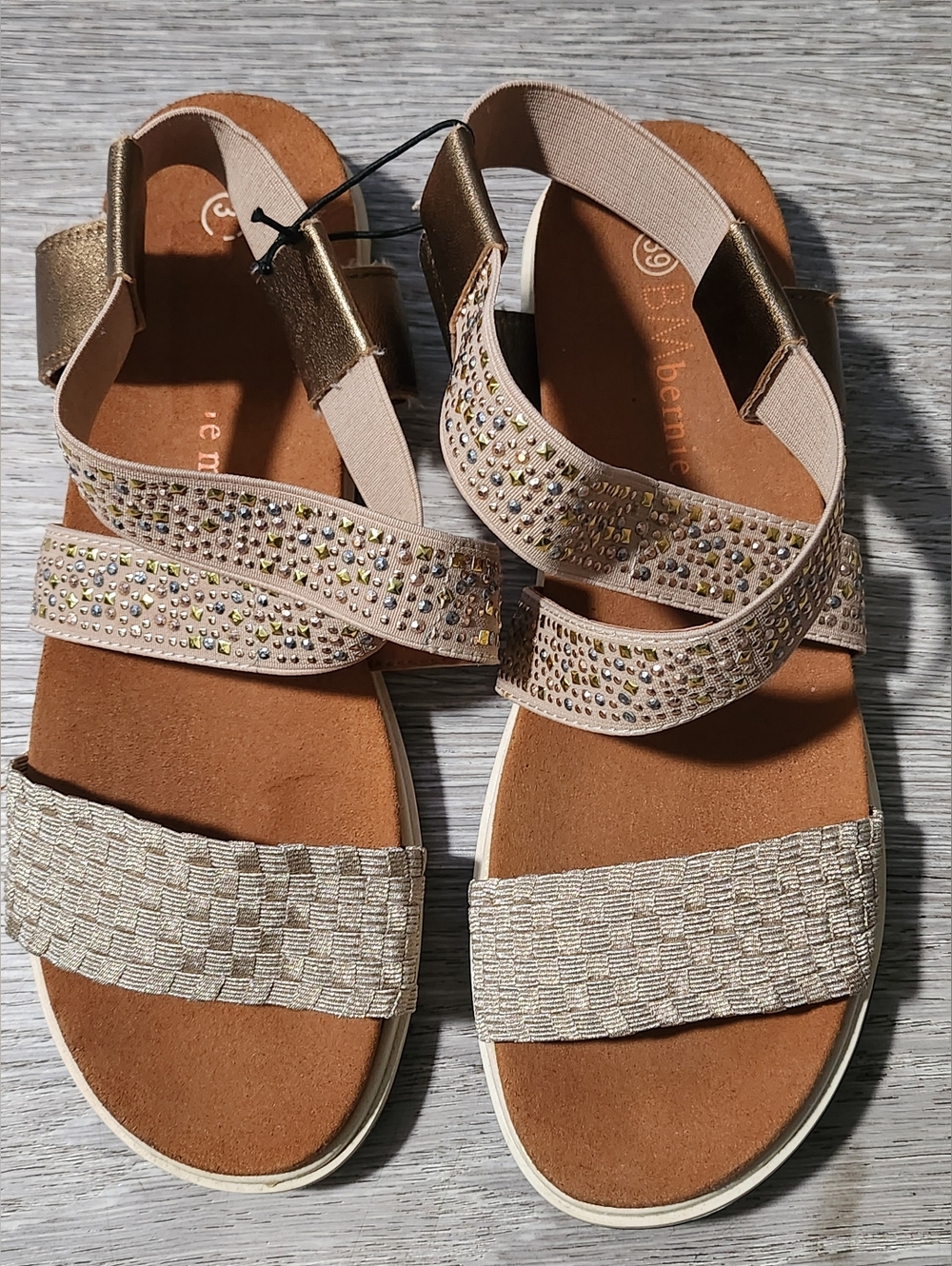 bernie mev. Beige and Gold Embellished Strappy Sandals